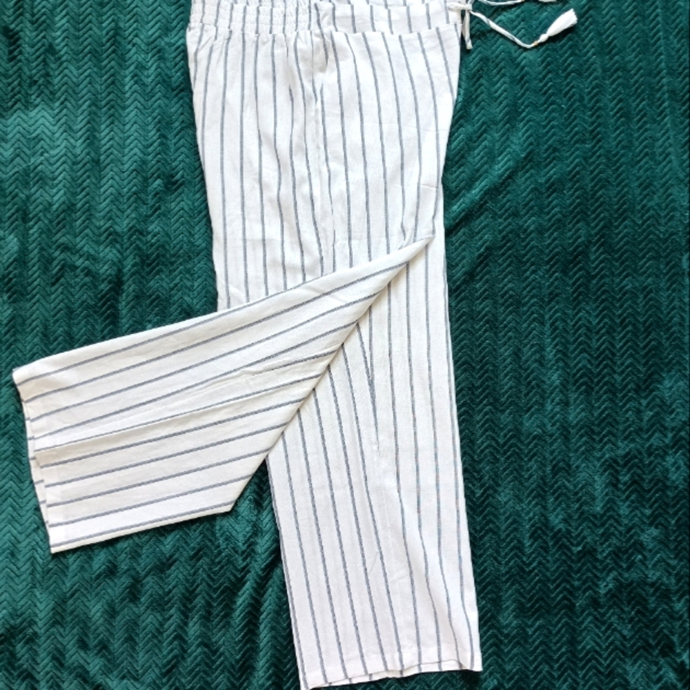 NWT Ellen Tracy High Rise Linen Blend Wide Leg Pant Drawstring Tassel‎ Pockets L - Picture 4 of 17